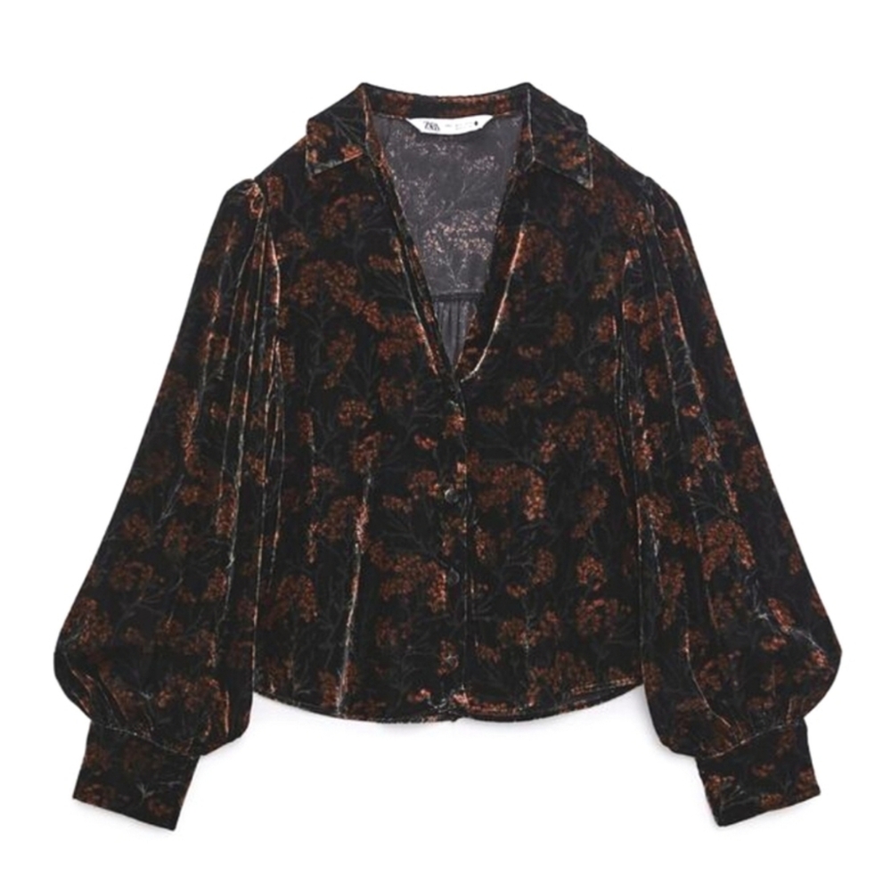 Zara printed velvet floral Charlotte blouse puff sleeve fall - Picture 11 of 13